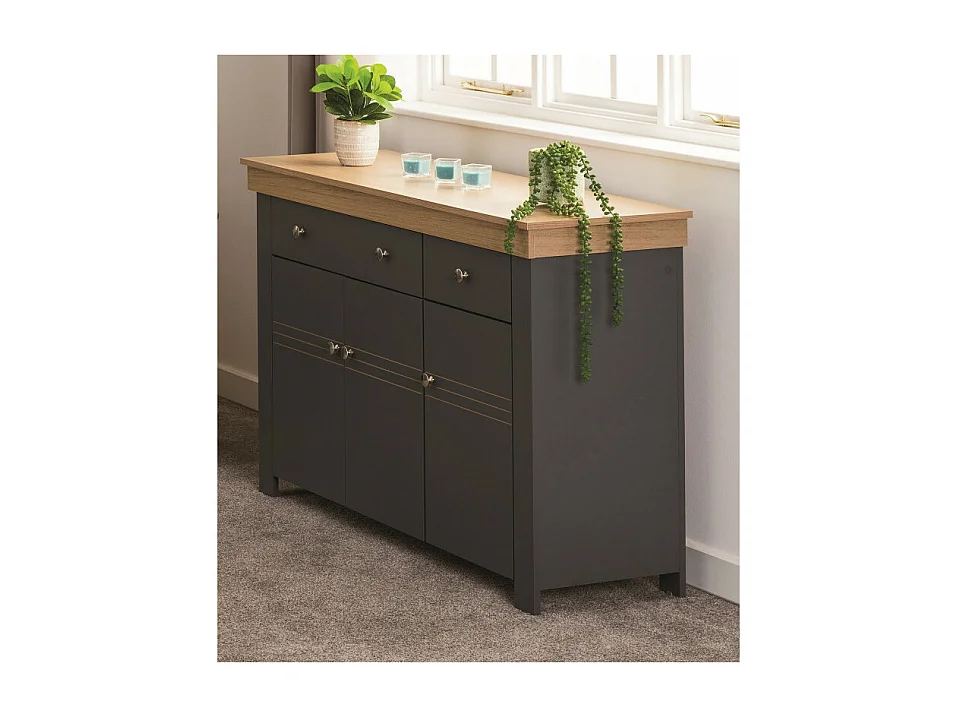 Buffet Bas 3 Portes 2 Tiroirs Chêne et Gris Corniche L 122 P 81.3 P 39.7 cm