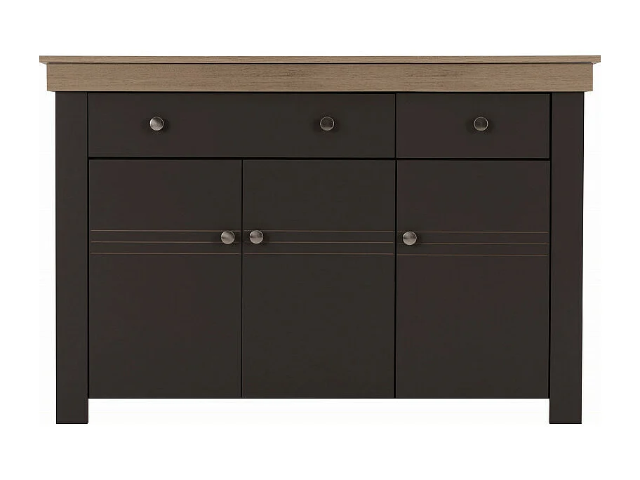 Buffet Bas 3 Portes 2 Tiroirs Chêne et Gris Corniche L 122 P 81.3 P 39.7 cm