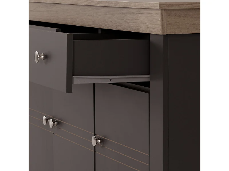 Buffet Bas 3 Portes 2 Tiroirs Chêne et Gris Corniche L 122 P 81.3 P 39.7 cm