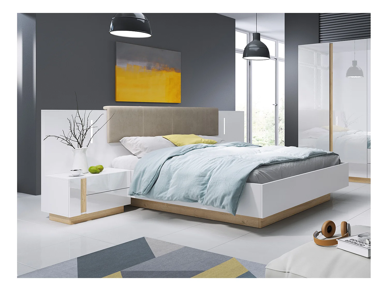 Lit avec chevets 160 x 200 cm - Avec LEDs - Blanc et naturel + Sommier + Matelas - MURARI