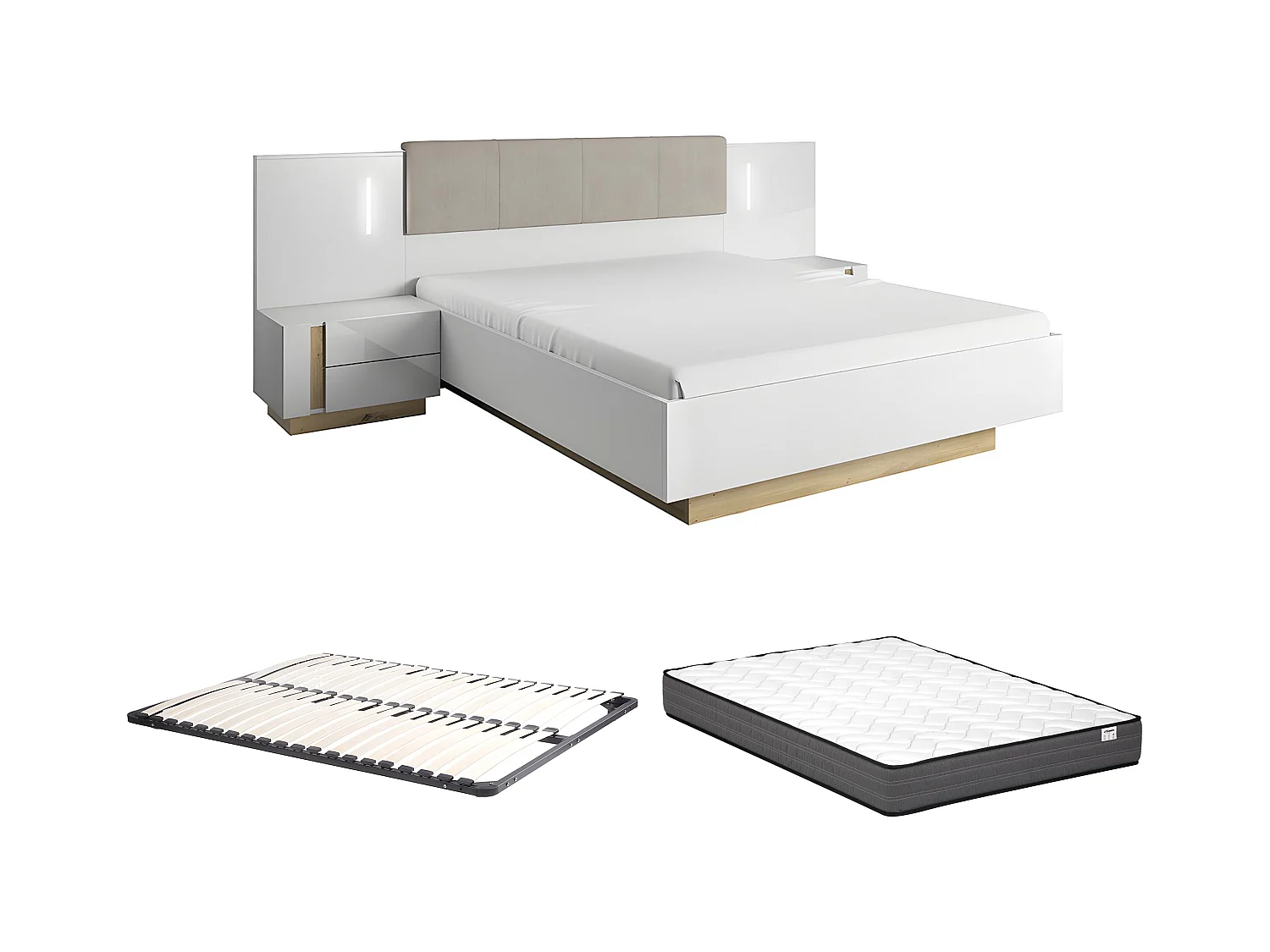 Lit avec chevets 160 x 200 cm - Avec LEDs - Blanc et naturel + Sommier + Matelas - MURARI