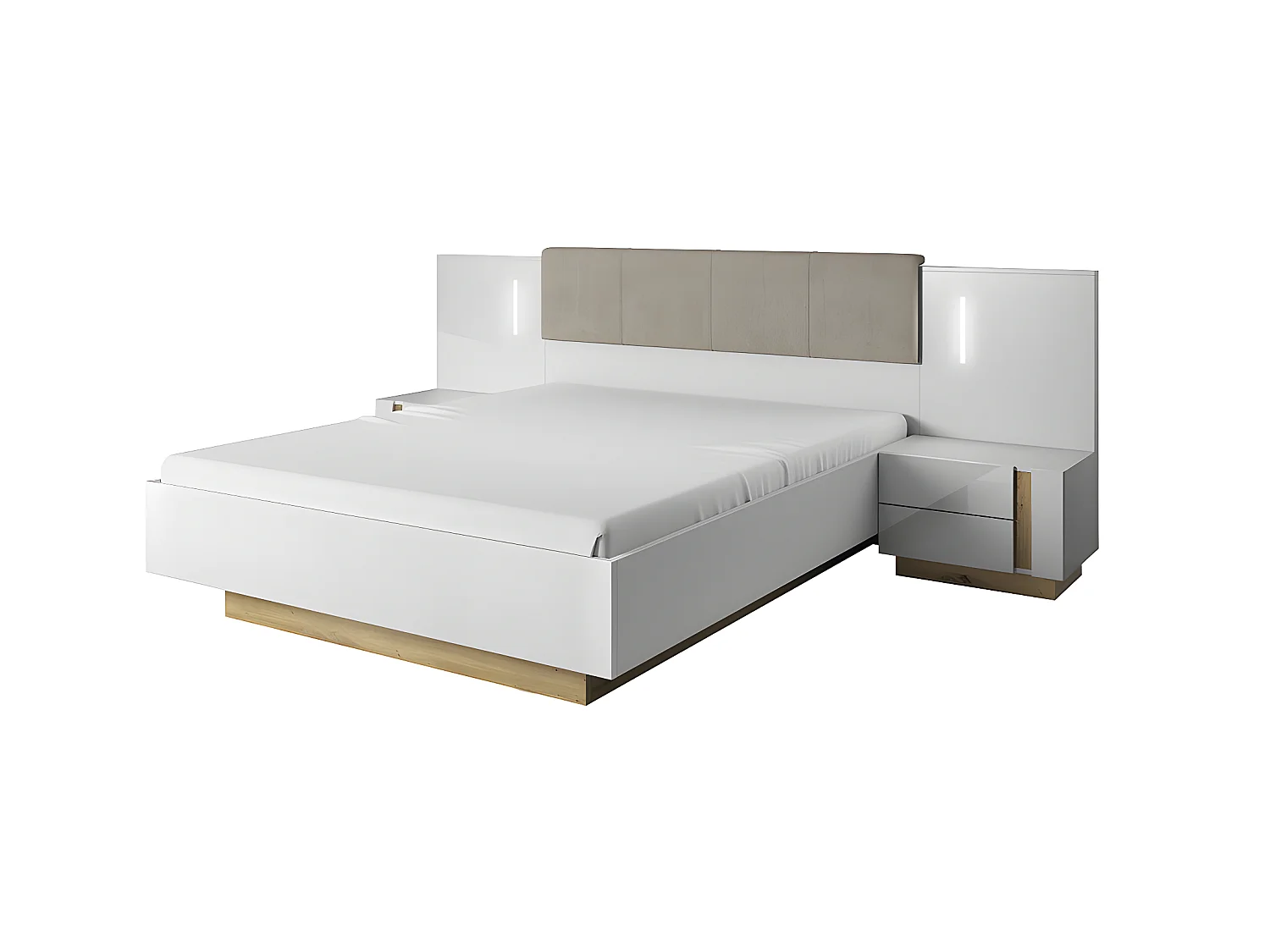 Lit avec chevets 160 x 200 cm - Avec LEDs - Blanc et naturel + Sommier + Matelas - MURARI