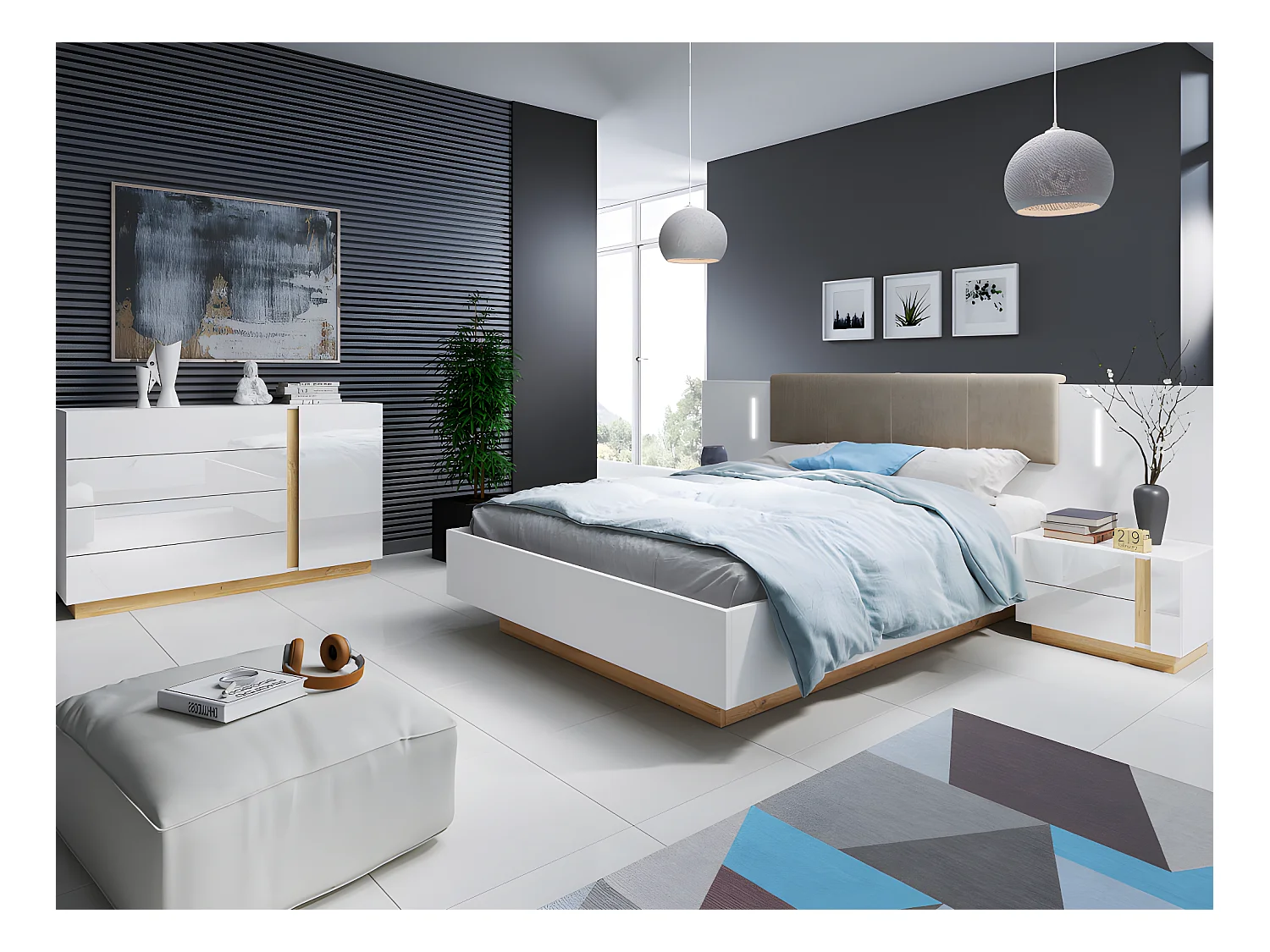 Lit avec chevets 160 x 200 cm - Avec LEDs - Blanc et naturel + Sommier + Matelas - MURARI