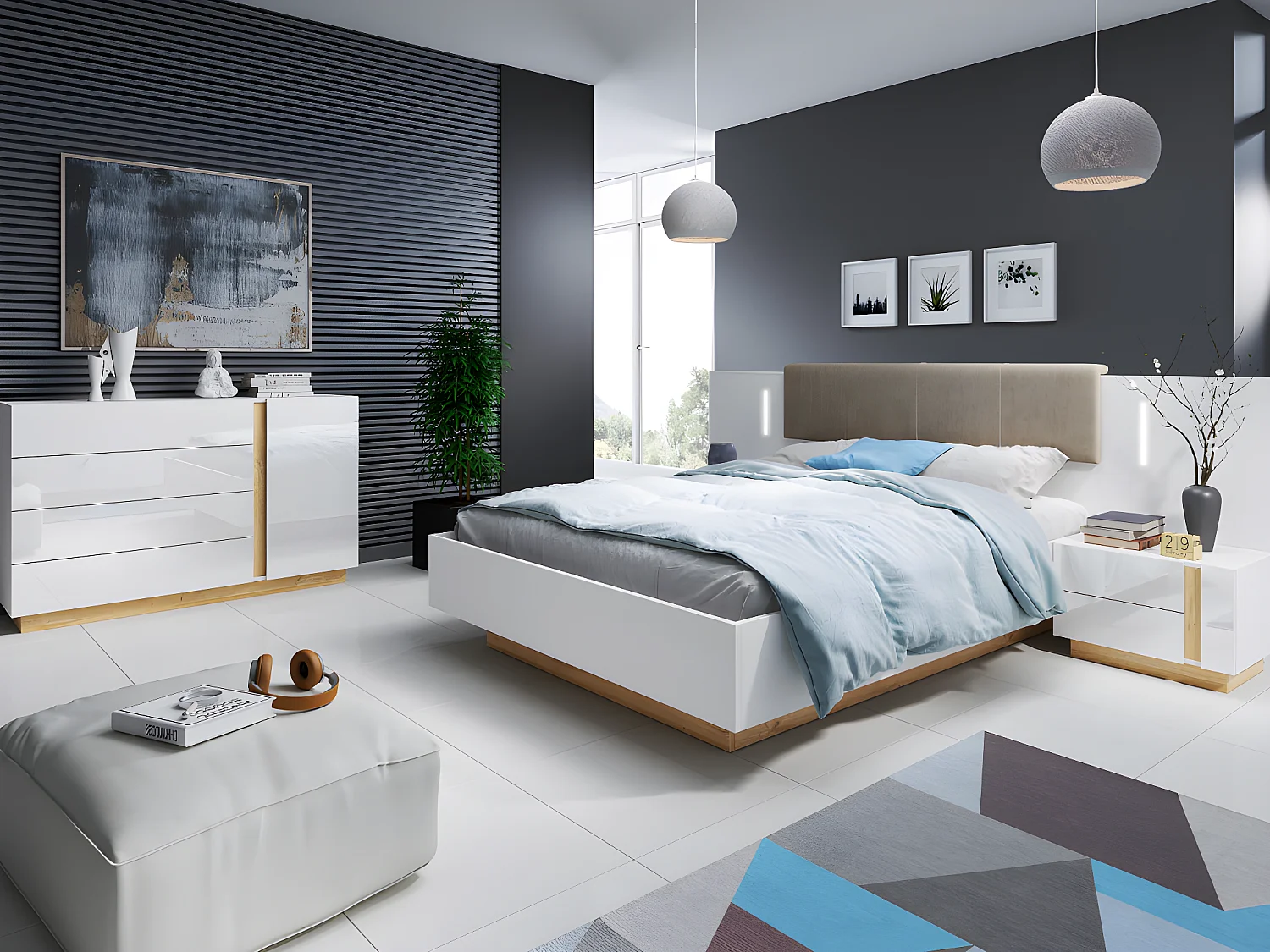 Lit avec chevets 160 x 200 cm - Avec LEDs - Blanc et naturel + Sommier + Matelas - MURARI