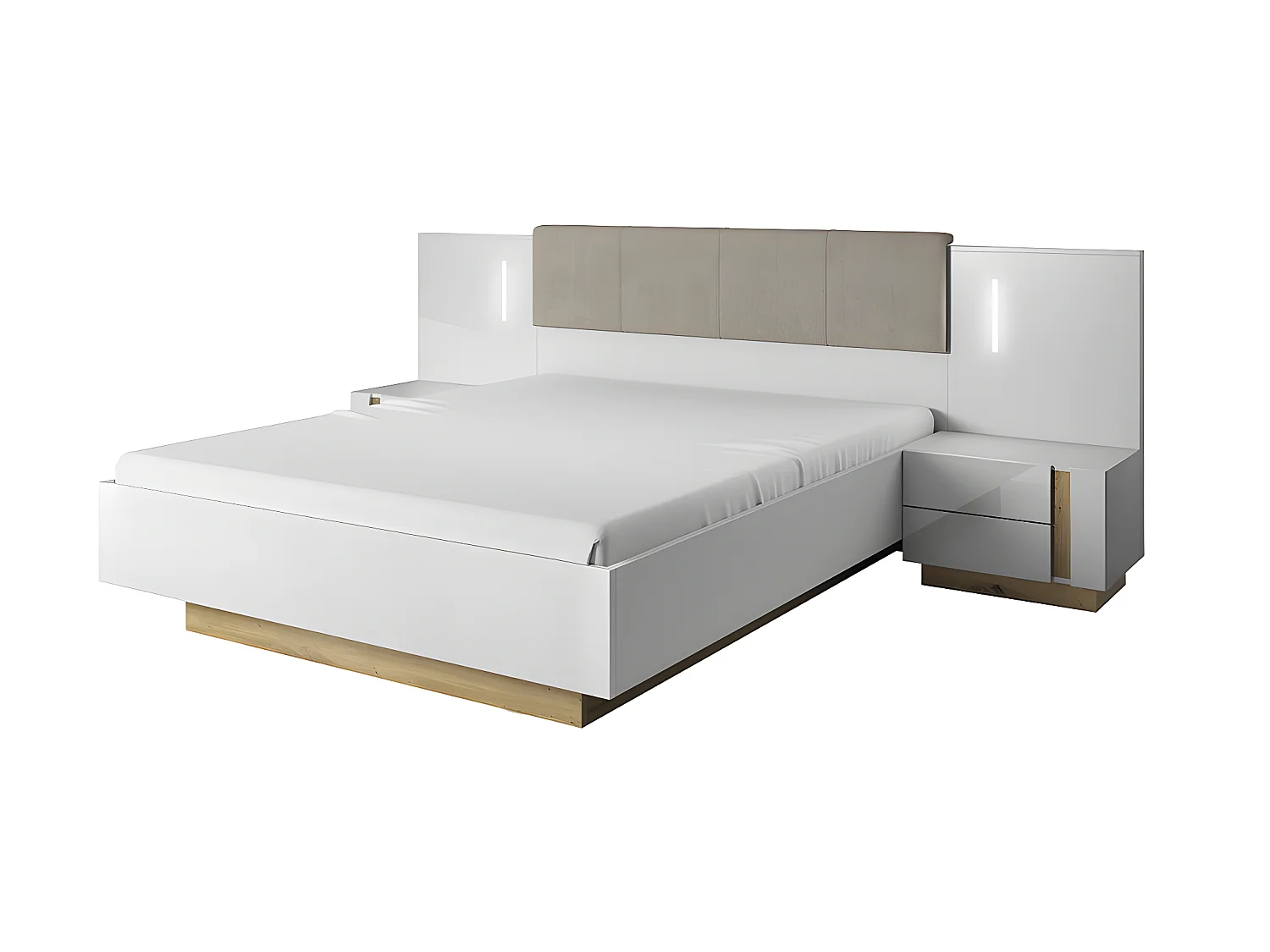 Lit avec chevets 160 x 200 cm - Avec LEDs - Blanc et naturel + Sommier + Matelas - MURARI