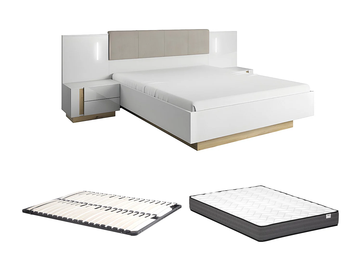 Lit avec chevets 160 x 200 cm - Avec LEDs - Blanc et naturel + Sommier + Matelas - MURARI