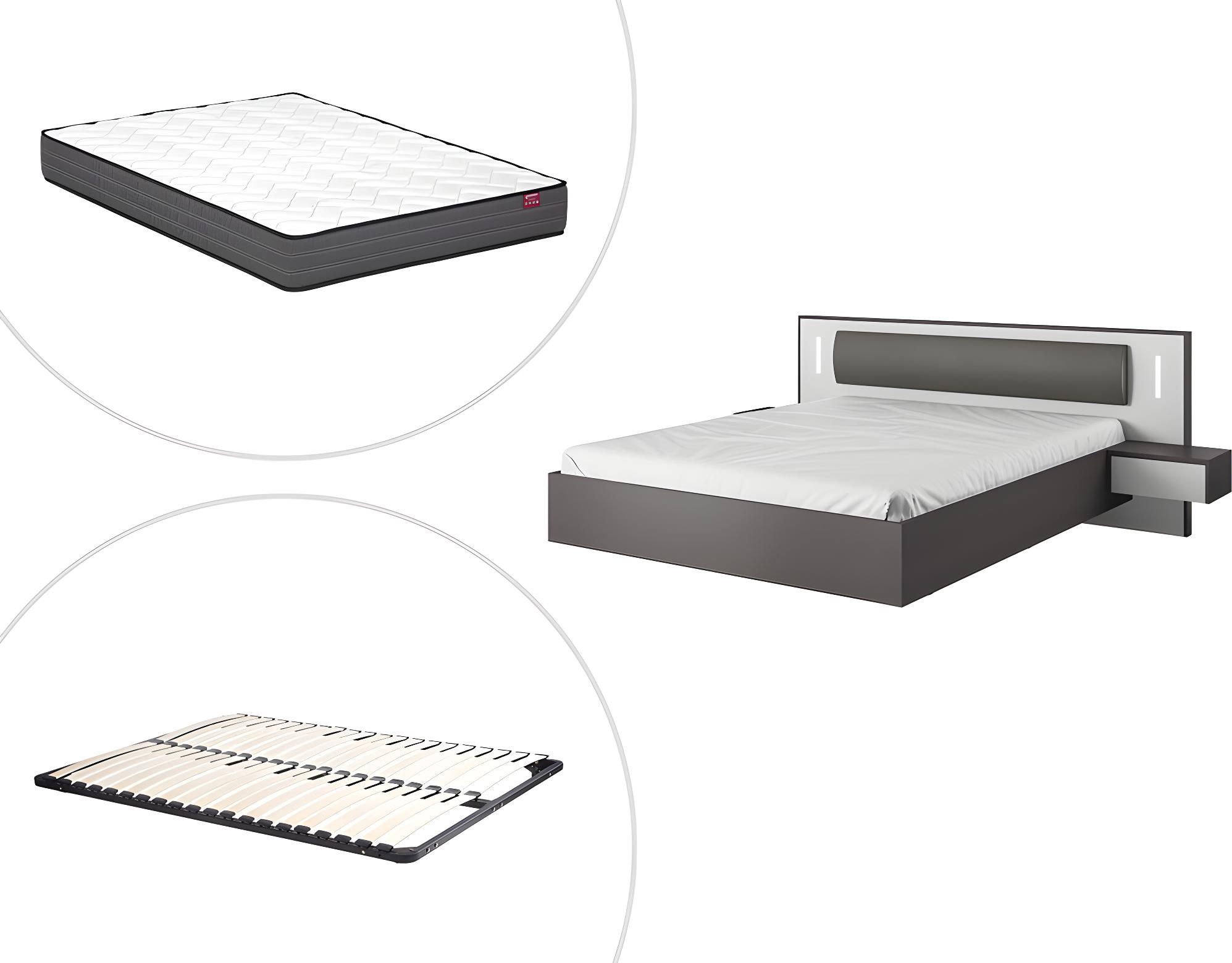 Cama Con Mesas De Noche Suspendidas X Cm Leds En Gris Y Blanco