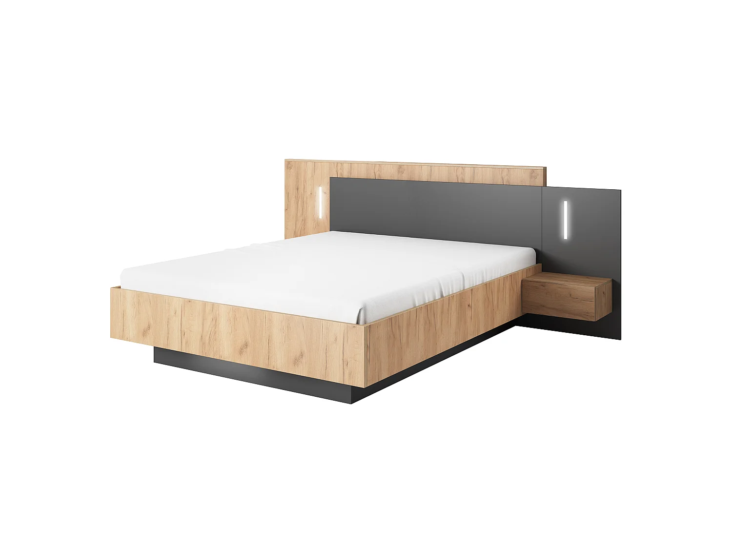 Letto con comodini 160 x 200 cm 2 cassetti Con LED Naturale e Antracite + Rete + Materasso - FRANCOLI