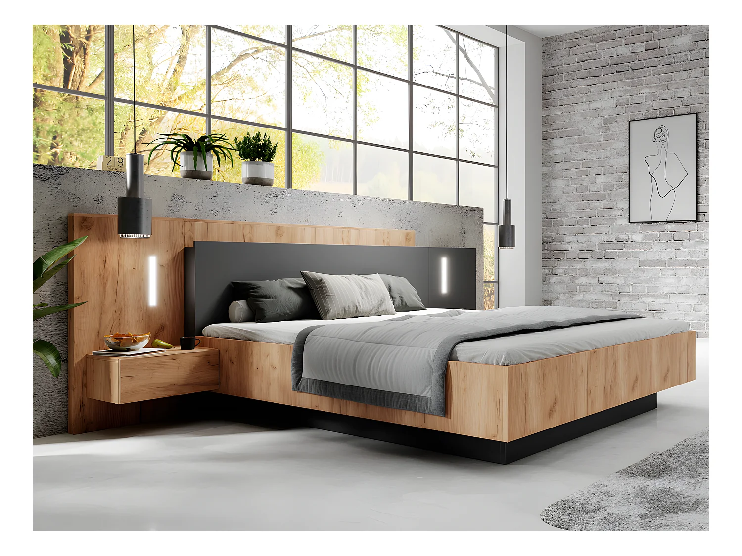 Lit avec chevets 160 x 200 cm - 2 tiroirs - Avec LEDs - Coloris : Naturel et anthracite + Sommier + Matelas - FRANCOLI