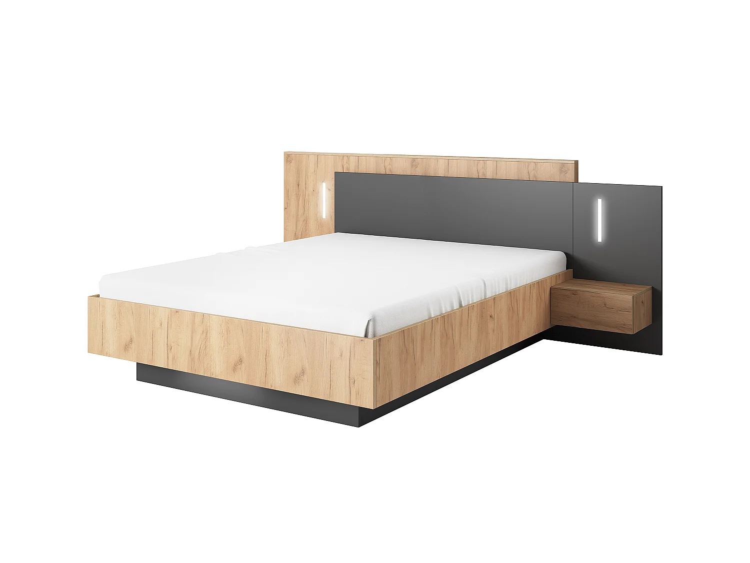 Letto con comodini 160 x 200 cm 2 cassetti Con LED Naturale e Antracite + Rete + Materasso - FRANCOLI