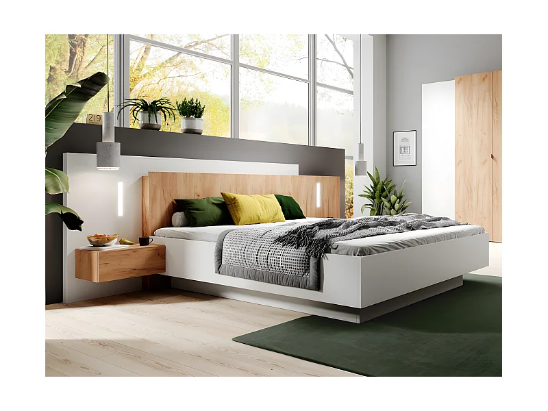 Lit avec chevets 160 x 200 cm - 2 tiroirs - Avec LEDs - Blanc et naturel + Sommier + Matelas - FRANCOLI