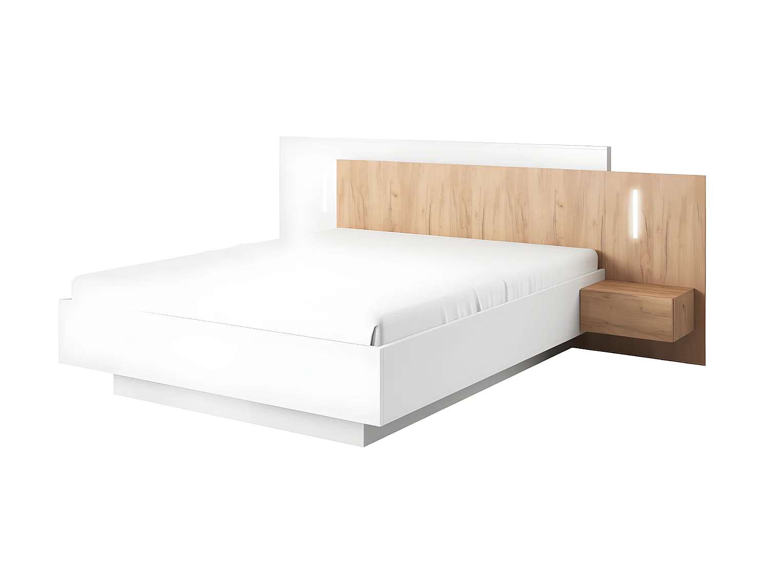 Cama com mesas de cabeceira 160 x 200 cm, 2 gavetas, com LEDs, branco e natural + estrado + colchão - FRANCOLI