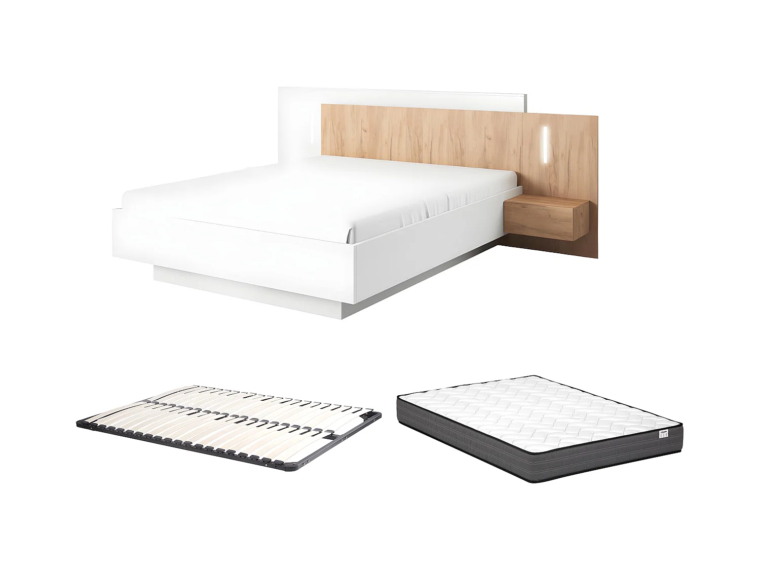 Cama com mesas de cabeceira 160 x 200 cm, 2 gavetas, com LEDs, branco e natural + estrado + colchão - FRANCOLI