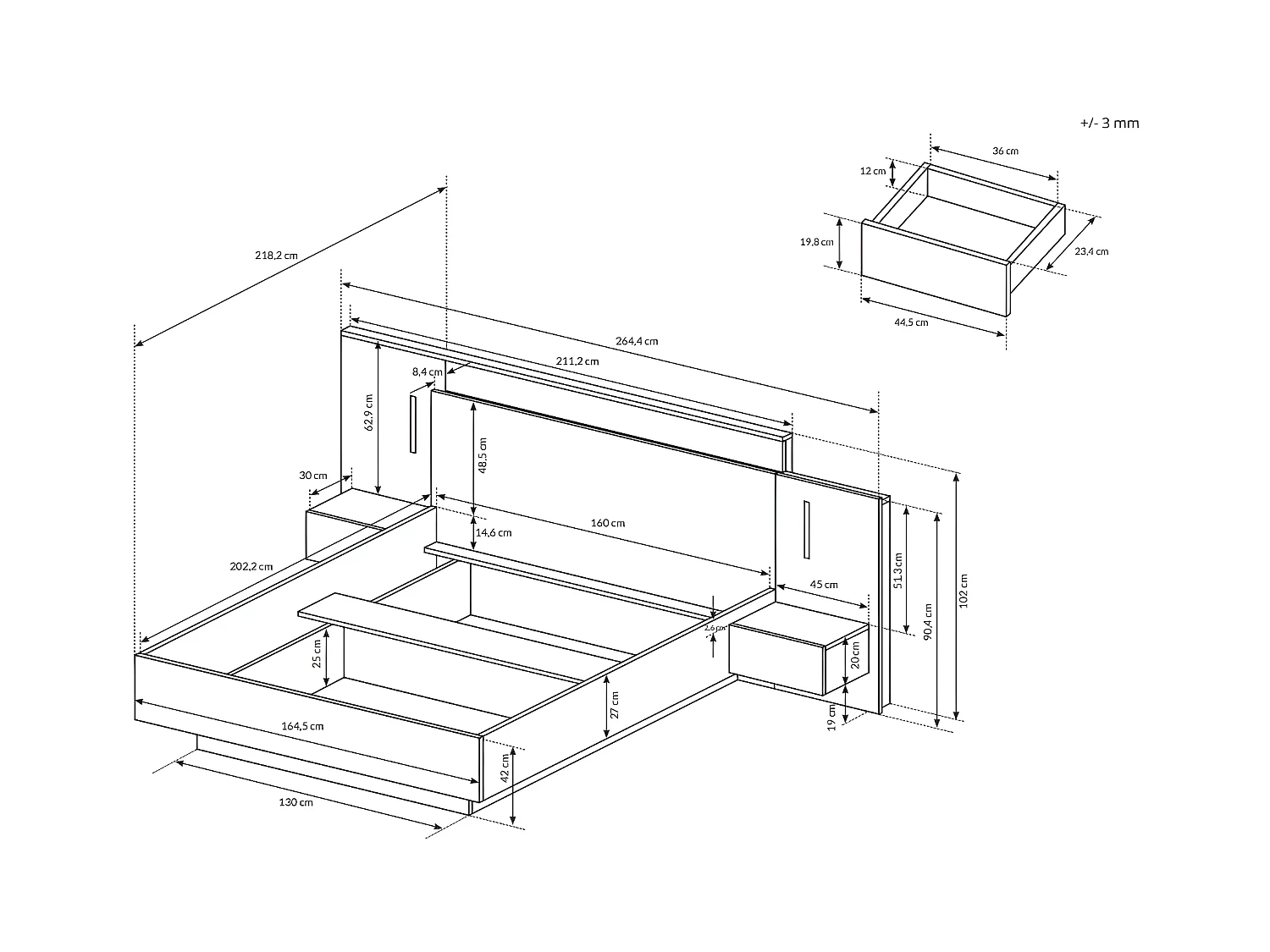 Bed met nachtkastjes 160 x 200 cm - 2 lades - Met ledverlichting - Wit en naturel + bedbodem + matras - FRANCOLI