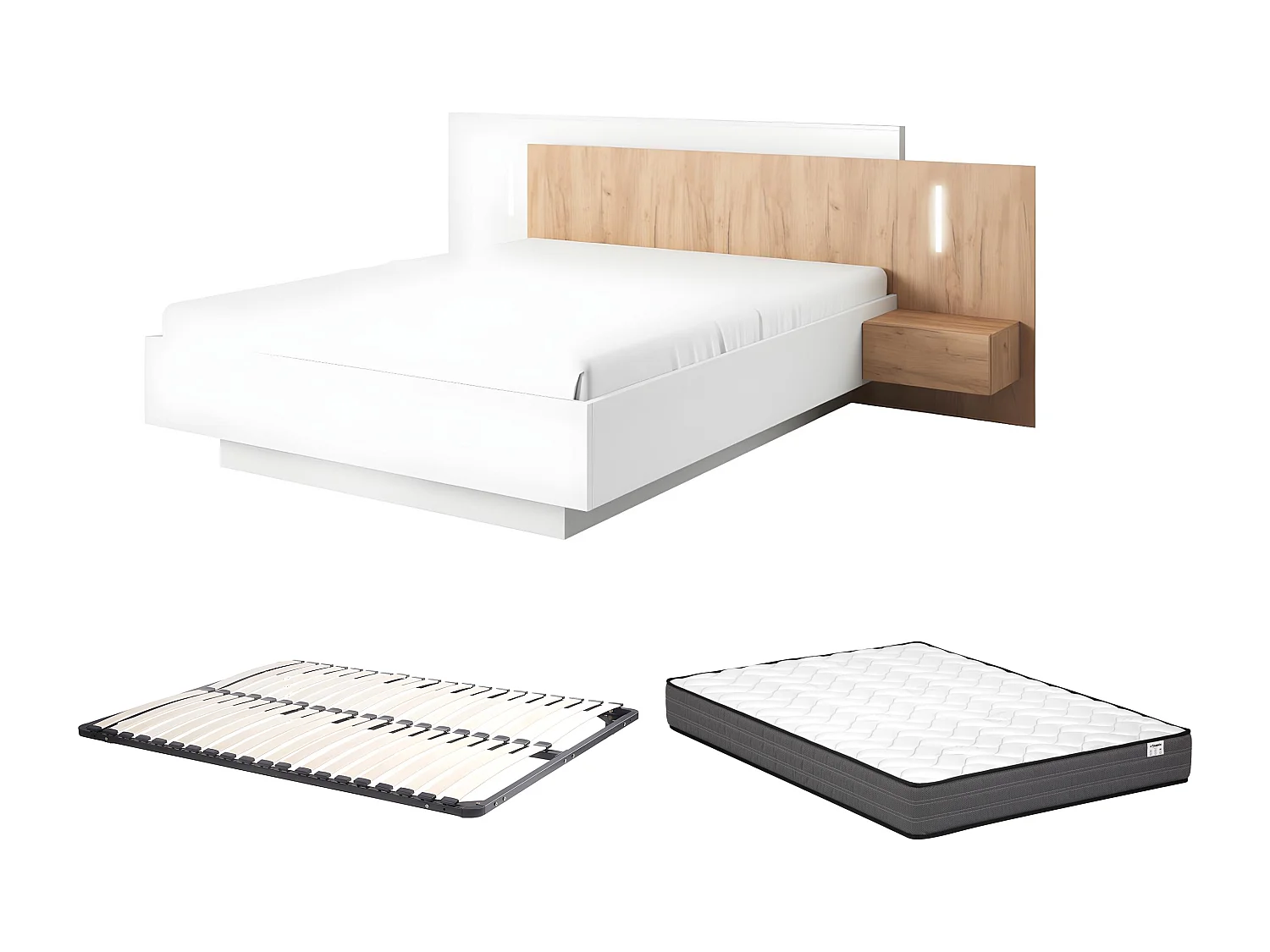 Bed met nachtkastjes 160 x 200 cm - 2 lades - Met ledverlichting - Wit en naturel + bedbodem + matras - FRANCOLI