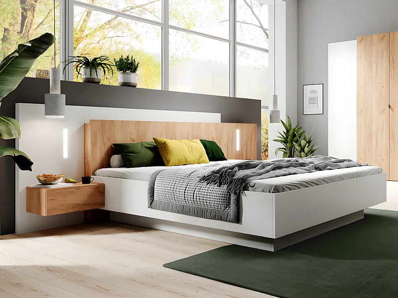 Cama com mesas de cabeceira 160 x 200 cm, 2 gavetas, com LEDs, branco e natural + estrado + colchão - FRANCOLI