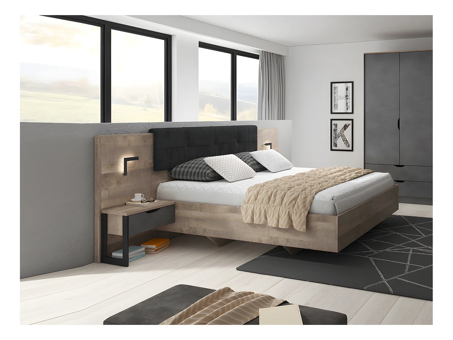 Lit avec chevets 160 x 200 cm - Avec LEDs - Coloris : Naturel et anthracite + Sommier + Matelas - LAONILE