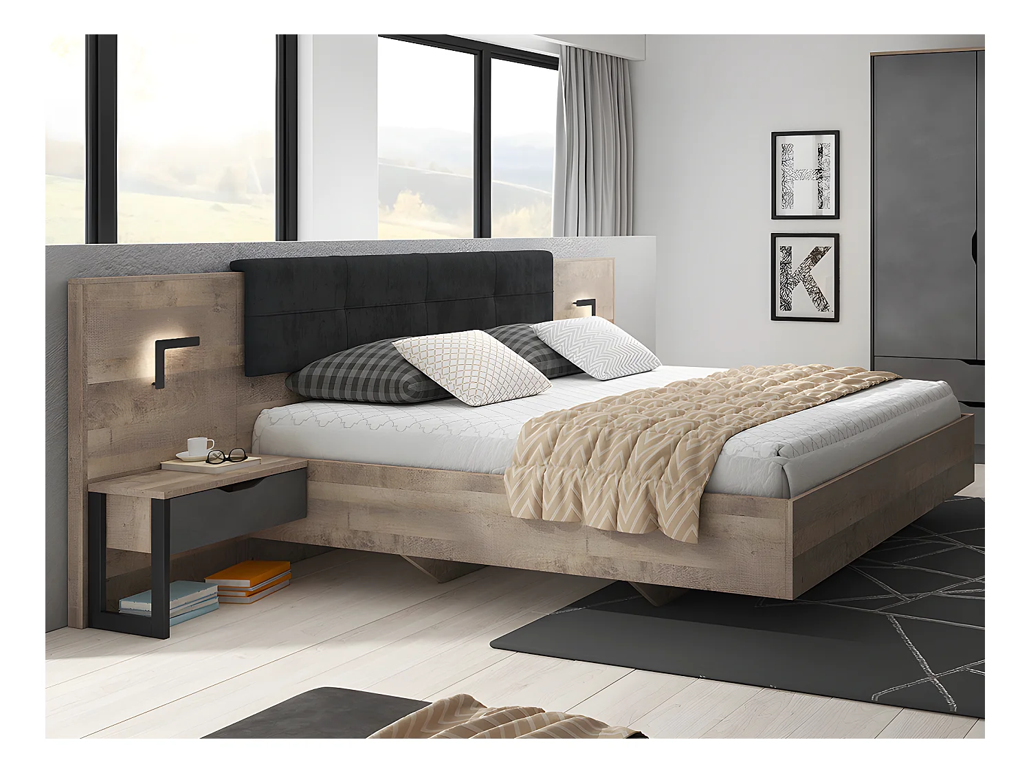 Lit avec chevets 160 x 200 cm - Avec LEDs - Coloris : Naturel et anthracite + Sommier + Matelas - LAONILE