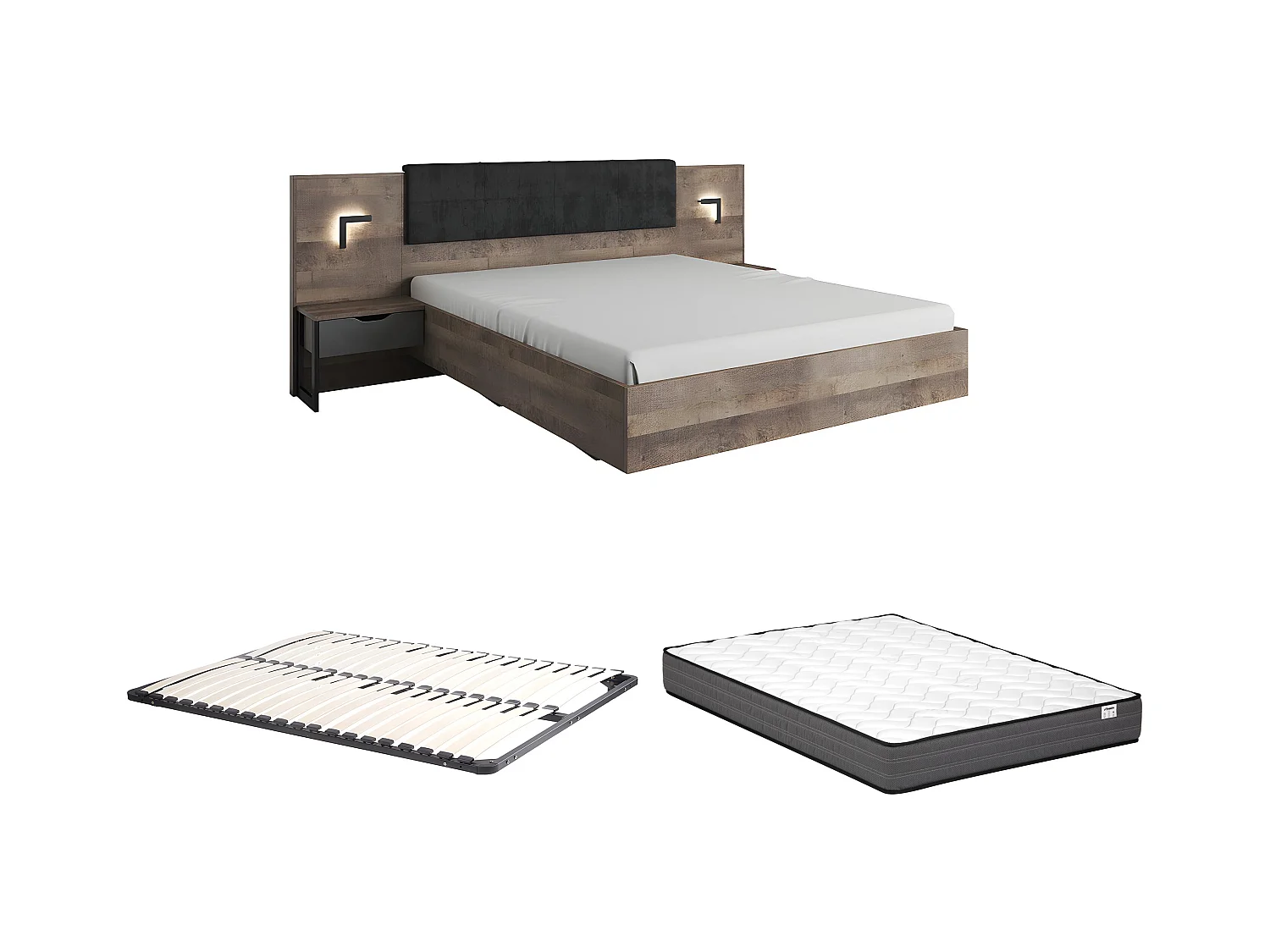 Lit avec chevets 160 x 200 cm - Avec LEDs - Coloris : Naturel et anthracite + Sommier + Matelas - LAONILE