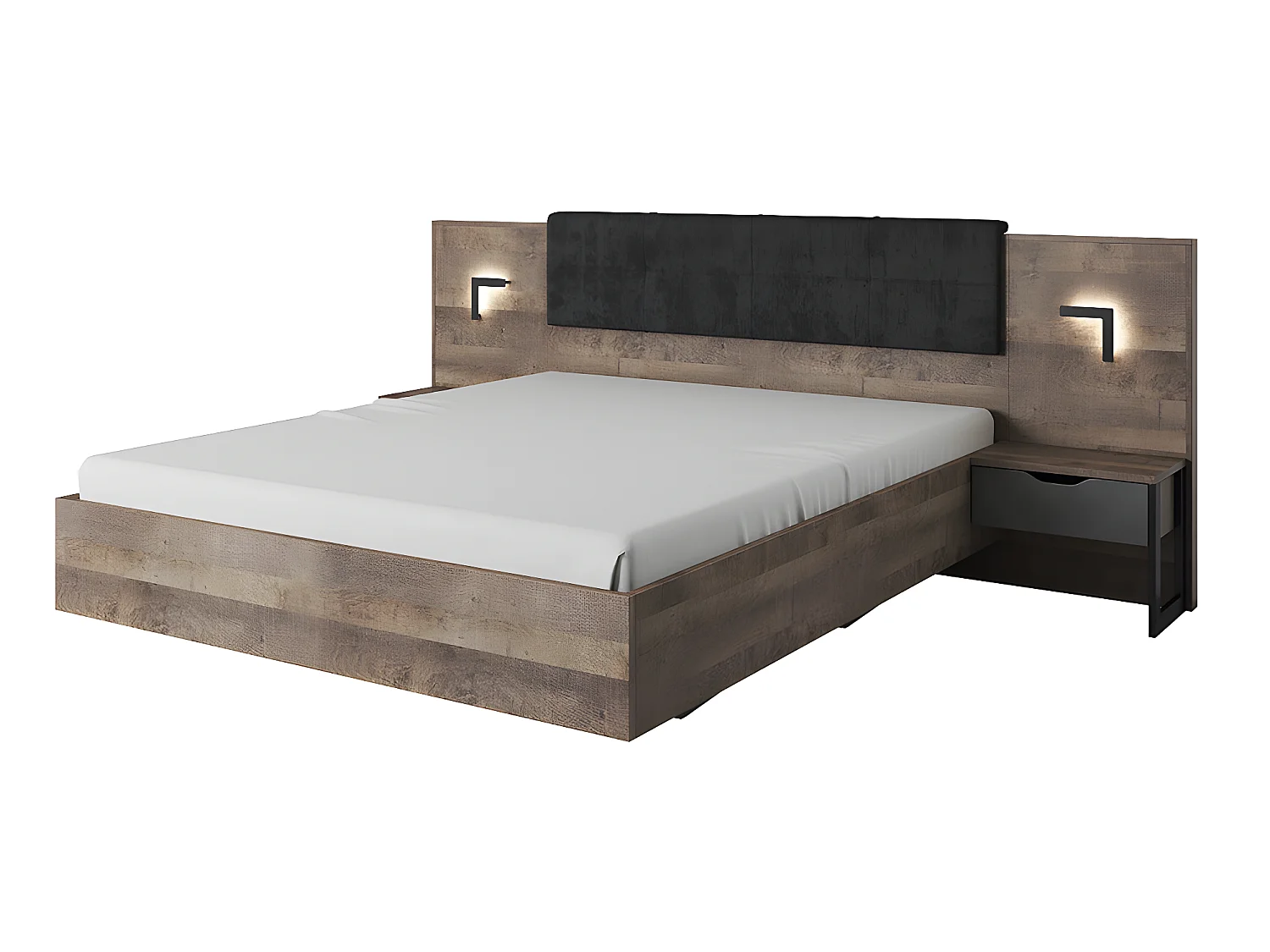 Lit avec chevets 160 x 200 cm - Avec LEDs - Coloris : Naturel et anthracite + Sommier + Matelas - LAONILE