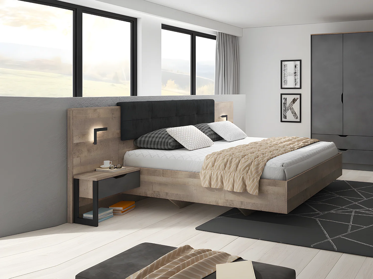 Lit avec chevets 160 x 200 cm - Avec LEDs - Coloris : Naturel et anthracite + Sommier + Matelas - LAONILE