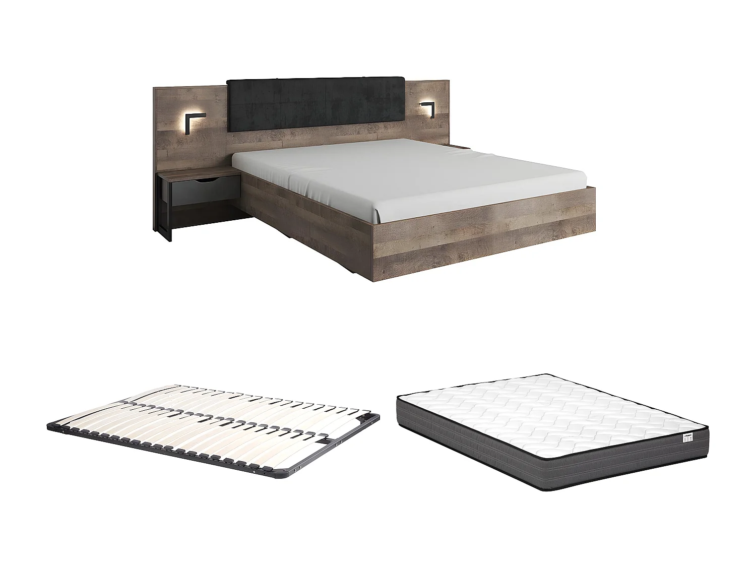 Lit avec chevets 160 x 200 cm - Avec LEDs - Coloris : Naturel et anthracite + Sommier + Matelas - LAONILE