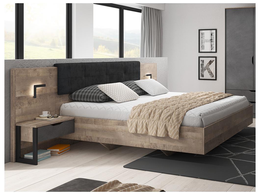 Conjunto de cama con mesas de noche 160 x 200 cm + Somier + Colchón + Cómoda + Armario - Color: Natural y antracita - LAONILE