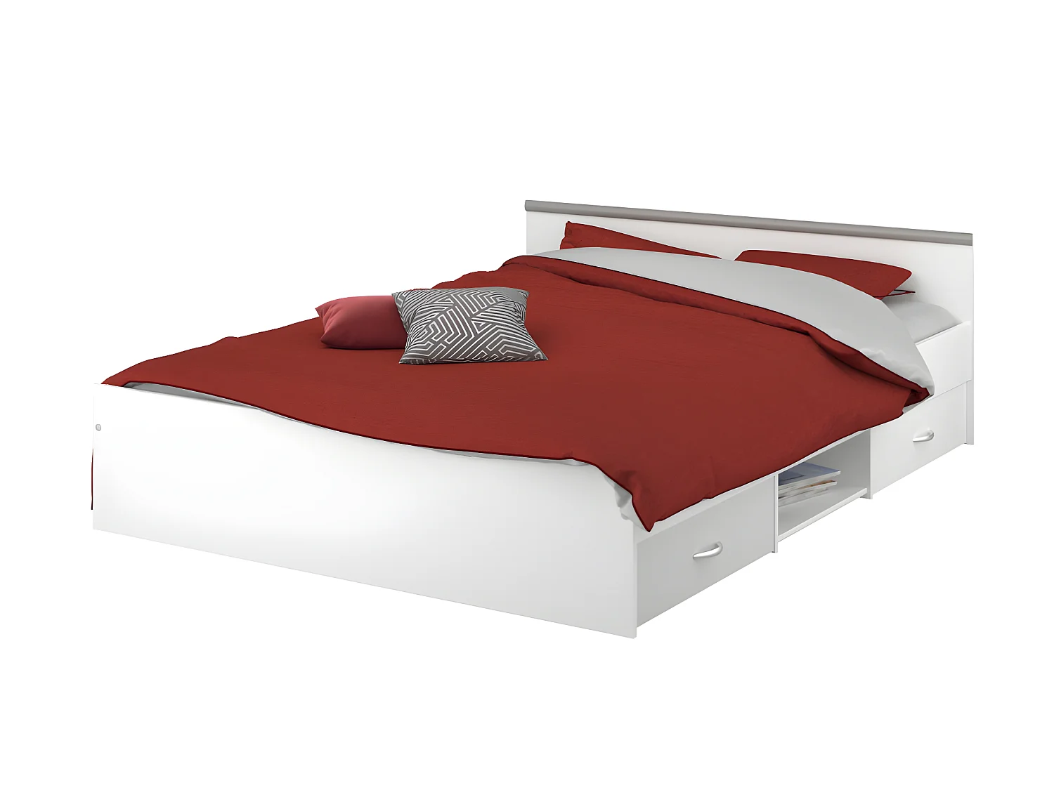 Bett mit Stauraum 140 x 190 cm - 2 Schubladen und 1 Ablagefach - Weiß + Lattenrost + Matratze - PABLO