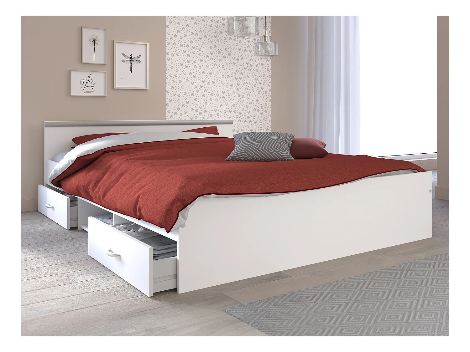 Lit avec rangements 140 x 190 cm - 2 tiroirs et 1 niche - Coloris : Blanc + Sommier + Matelas - PABLO