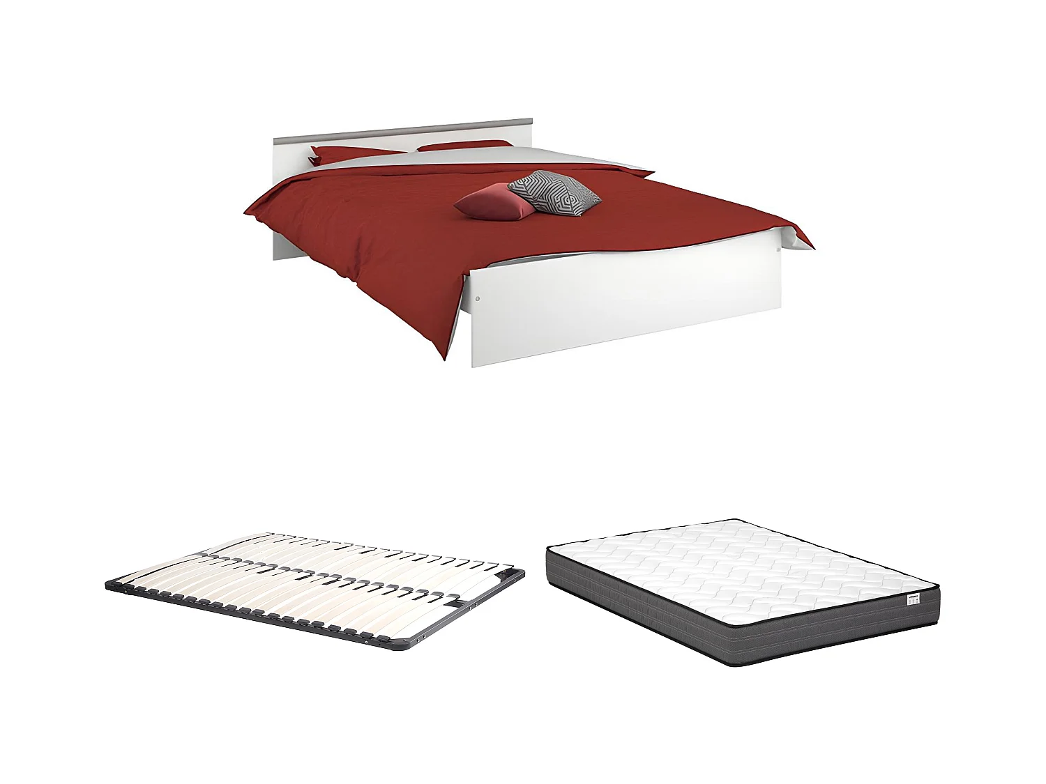 Bed met opbergruimte 140 x 190 cm - 2 lades en 1 opbergvak - Kleur: wit + onderbed + matras - PABLO