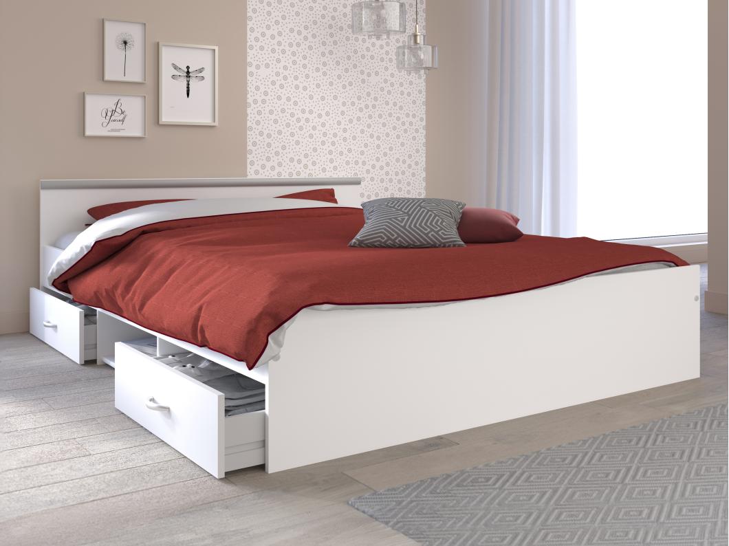 Lit avec rangements 140 x 190 cm - 2 tiroirs et 1 niche - Coloris : Blanc + Sommier + Matelas - PABLO