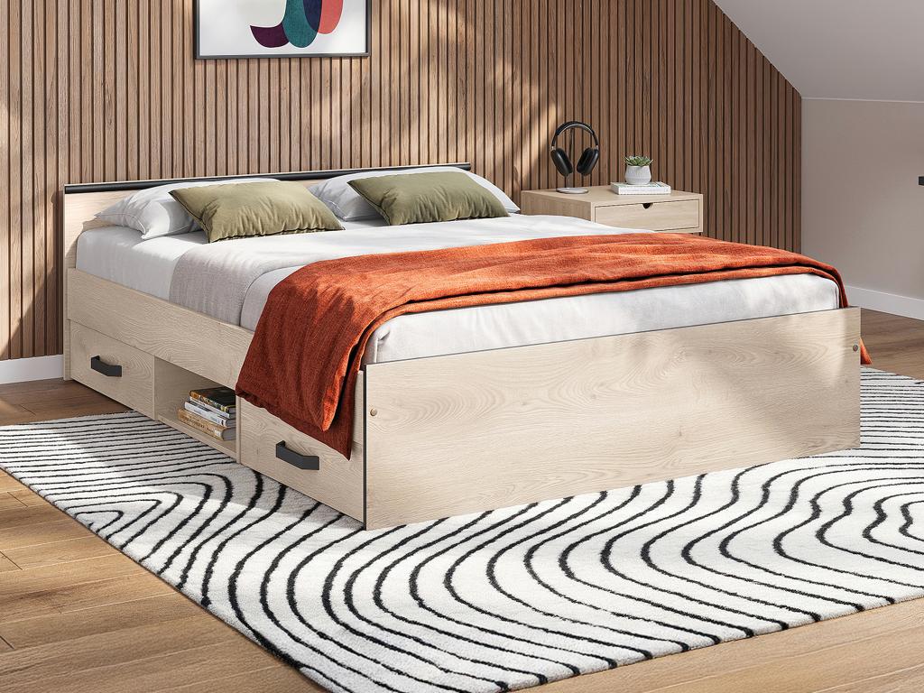 Bett mit Stauraum 140 x 190 cm - 2 Schubladen und 1 Ablagefach - Holzfarben günstig online kaufen