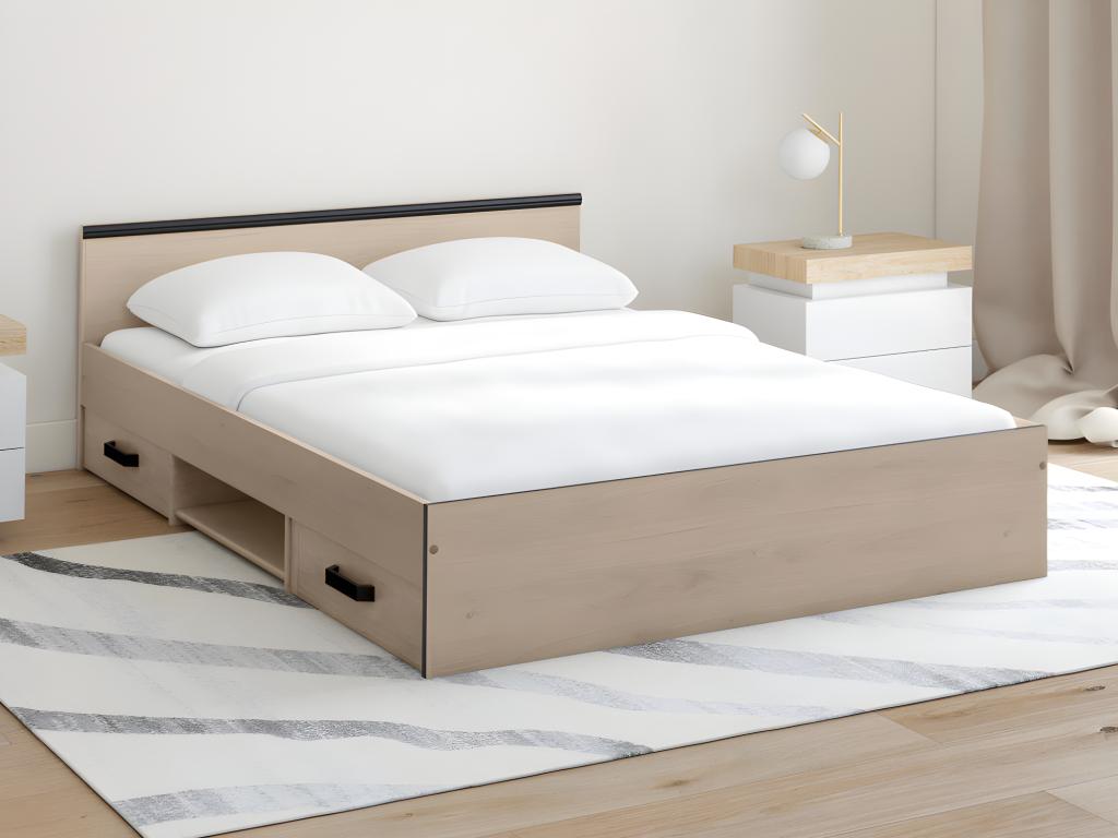 Bett mit Stauraum 140 x 190 cm - 2 Schubladen und 1 Ablagefach - Holzfarben günstig online kaufen