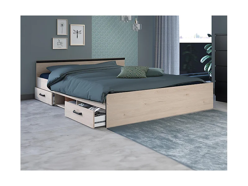 Bett mit Stauraum 140 x 190 cm - 2 Schubladen und 1 Ablagefach - Holzfarben + Lattenrost + Matratze - PABLO