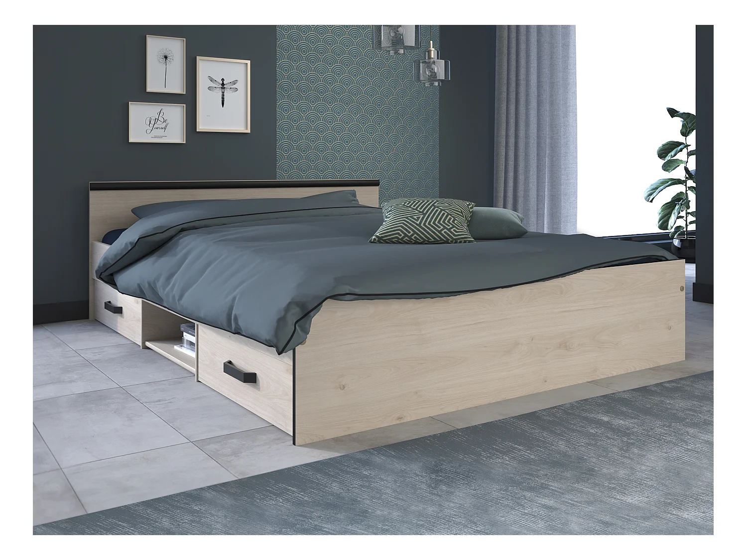 Łóżko ze skrzynią 140 × 190 cm – 2 szuflady i 1 wnęka: Naturalne + Stelaż + Materac – PABLO