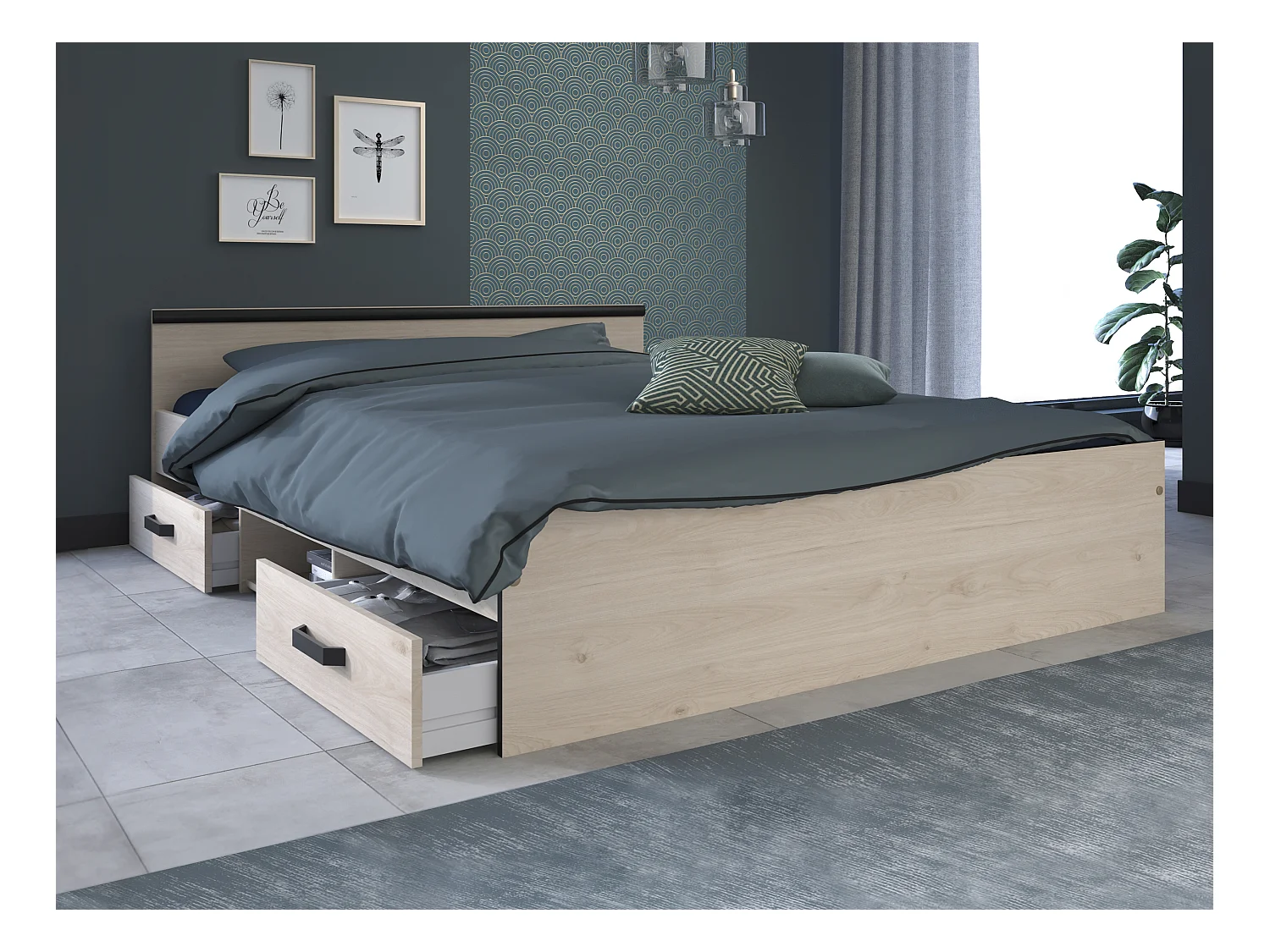 Łóżko ze skrzynią 140 × 190 cm – 2 szuflady i 1 wnęka: Naturalne + Stelaż + Materac – PABLO