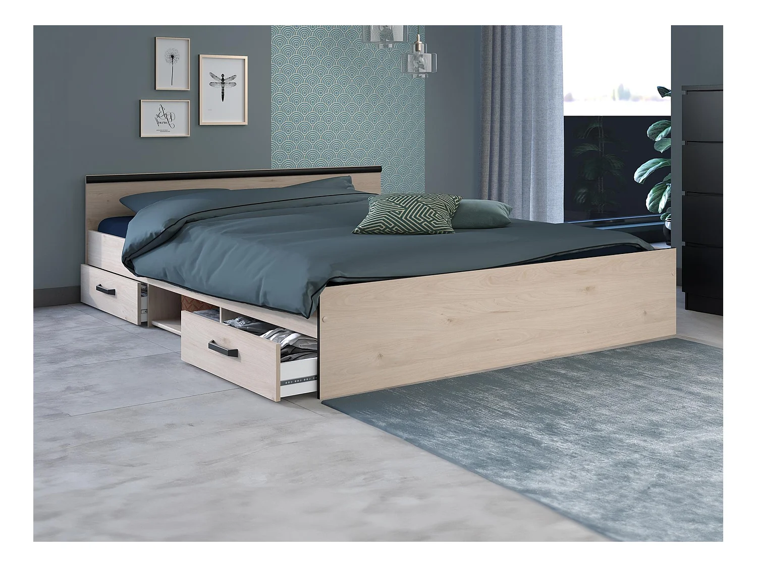 Łóżko ze skrzynią 140 × 190 cm – 2 szuflady i 1 wnęka: Naturalne + Stelaż + Materac – PABLO