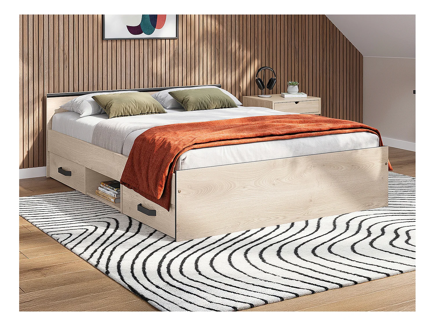 Bett mit Stauraum 140 x 190 cm - 2 Schubladen und 1 Ablagefach - Holzfarben + Lattenrost + Matratze - PABLO