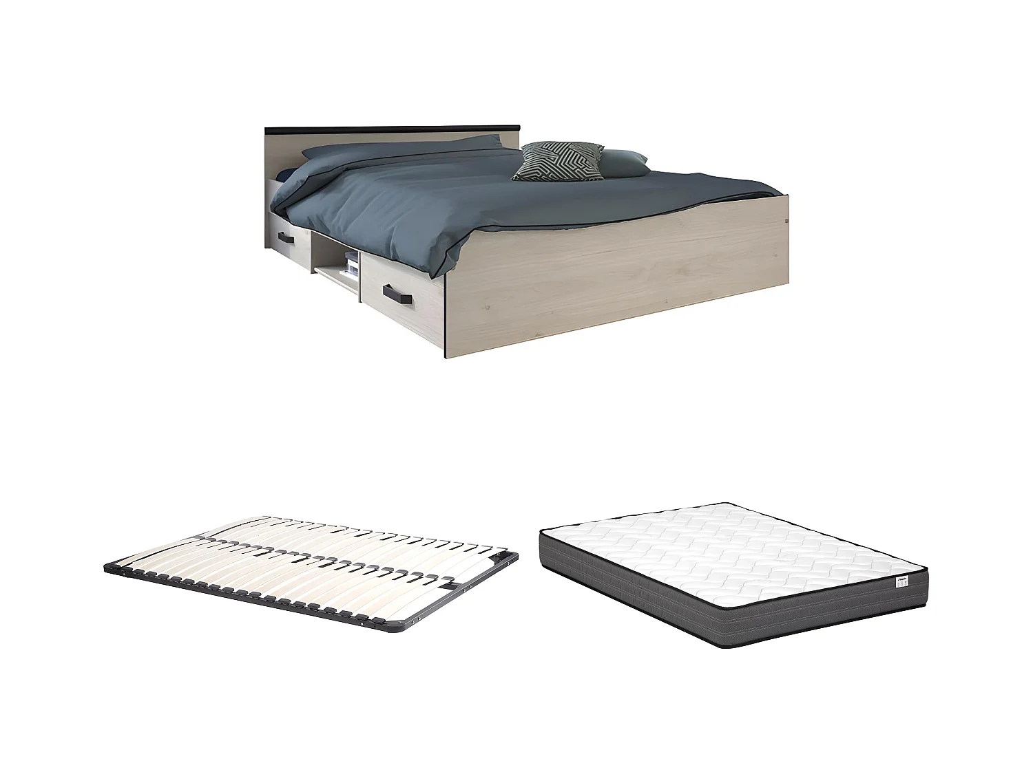 Cama con compartimentos 140 x 190 cm - 2 cajones y 1 estante - Color: natural + Somier + colchón - PABLO