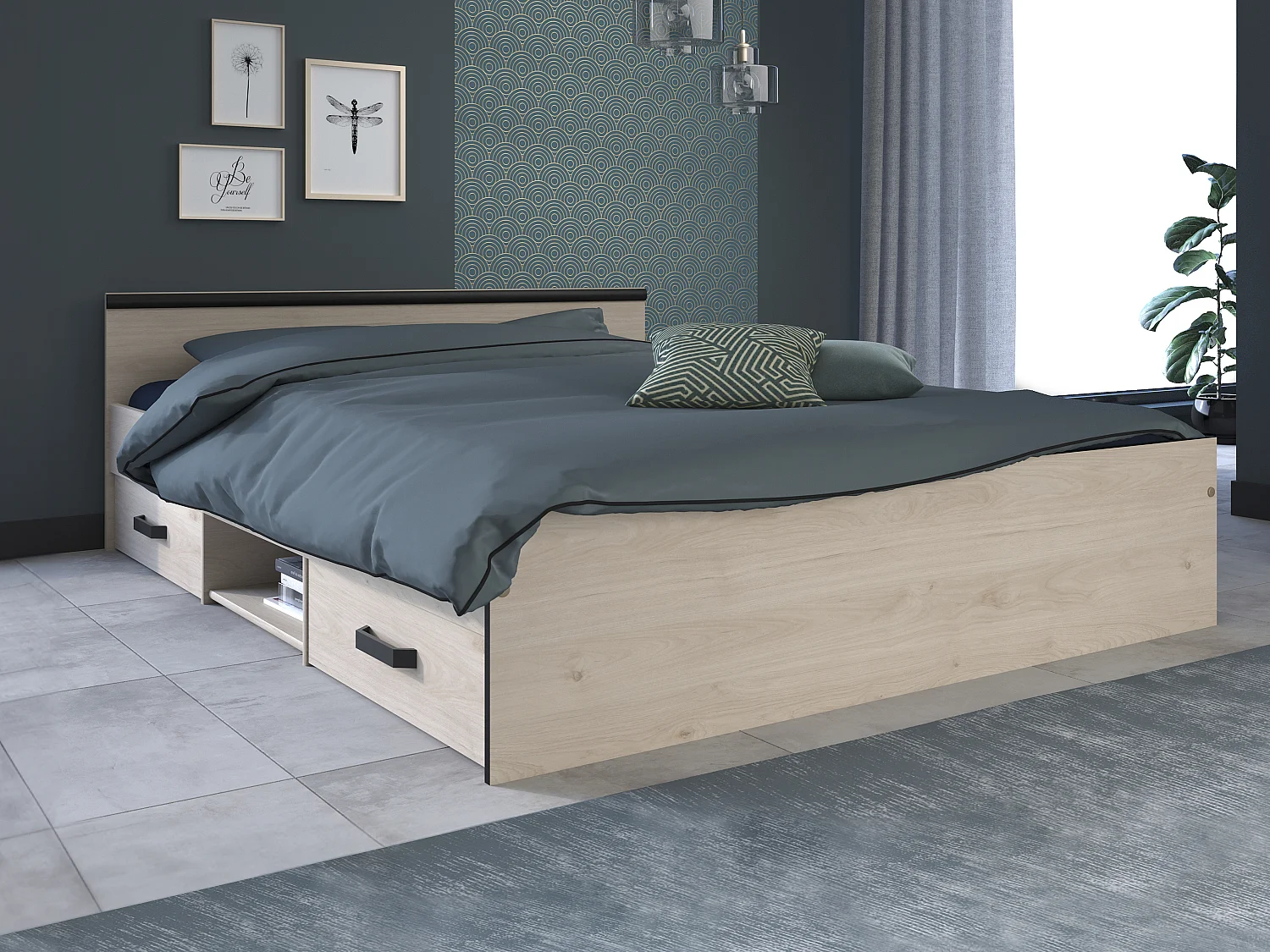 Bed met opbergruimte 140 x 190 cm - 2 lades en 1 opbergvak - Kleur: houtlook + onderbed + matras - PABLO
