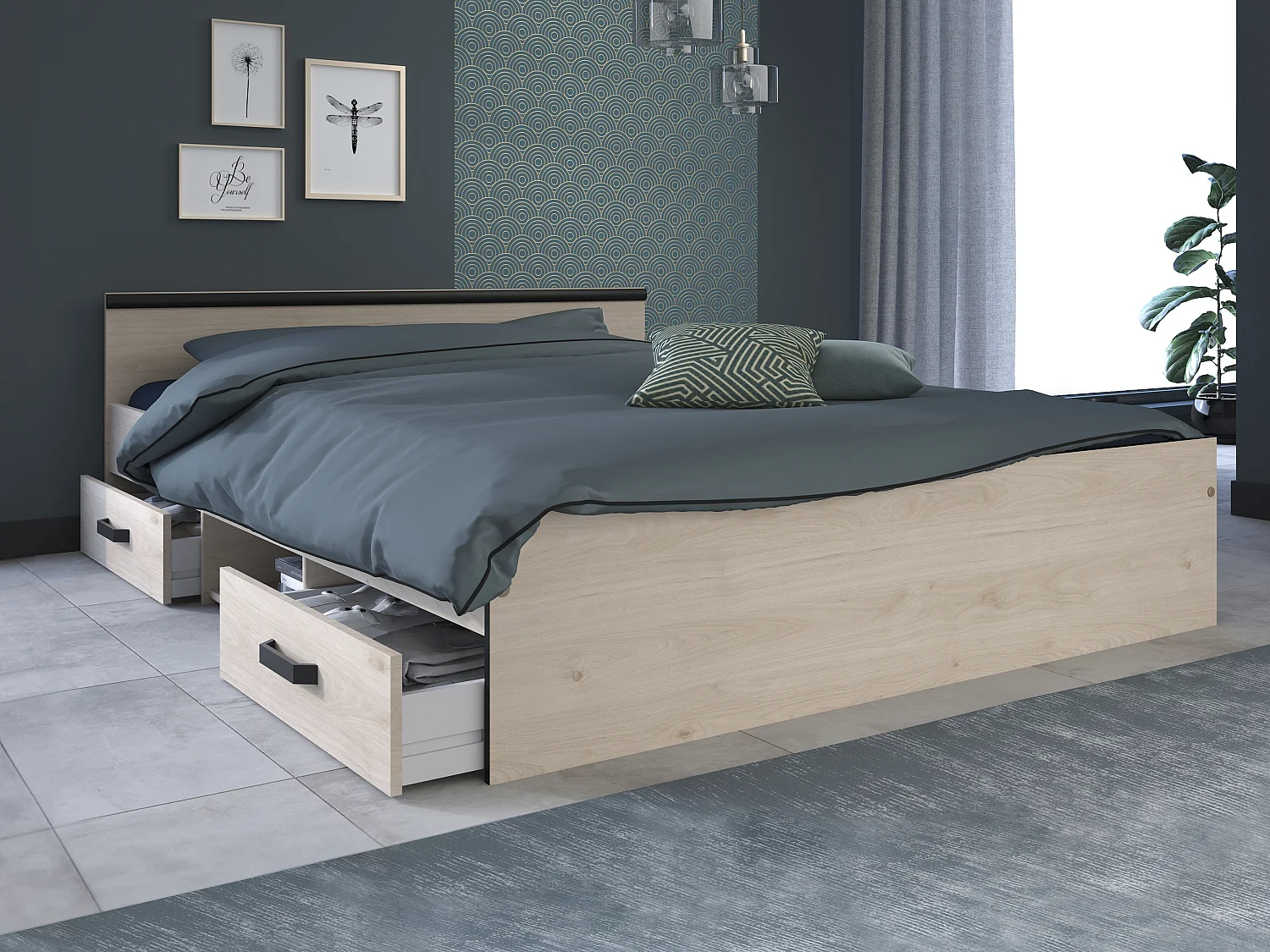 Bed met opbergruimte 140 x 190 cm - 2 lades en 1 opbergvak - Kleur: houtlook + onderbed + matras - PABLO