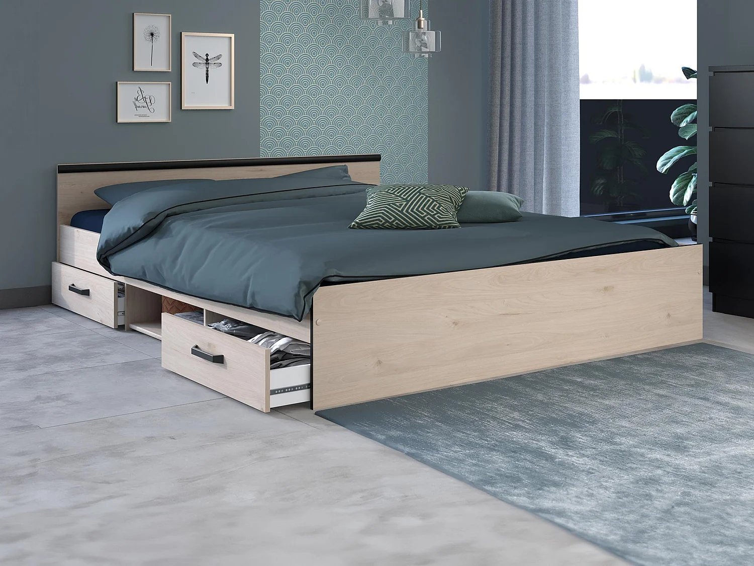Bed met opbergruimte 140 x 190 cm - 2 lades en 1 opbergvak - Kleur: houtlook + onderbed + matras - PABLO