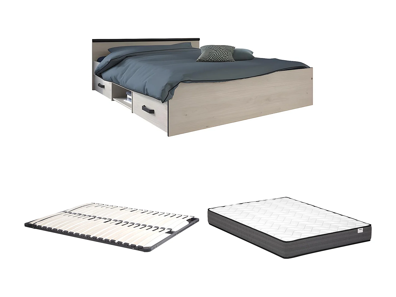 Bed met opbergruimte 140 x 190 cm - 2 lades en 1 opbergvak - Kleur: houtlook + onderbed + matras - PABLO