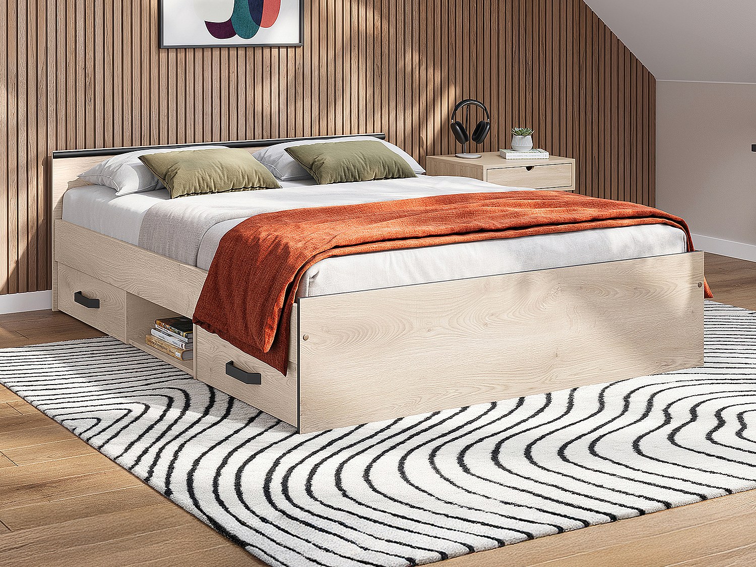 Bett mit Stauraum 140 x 190 cm - 2 Schubladen und 1 Ablagefach - Holzfarben günstig online kaufen