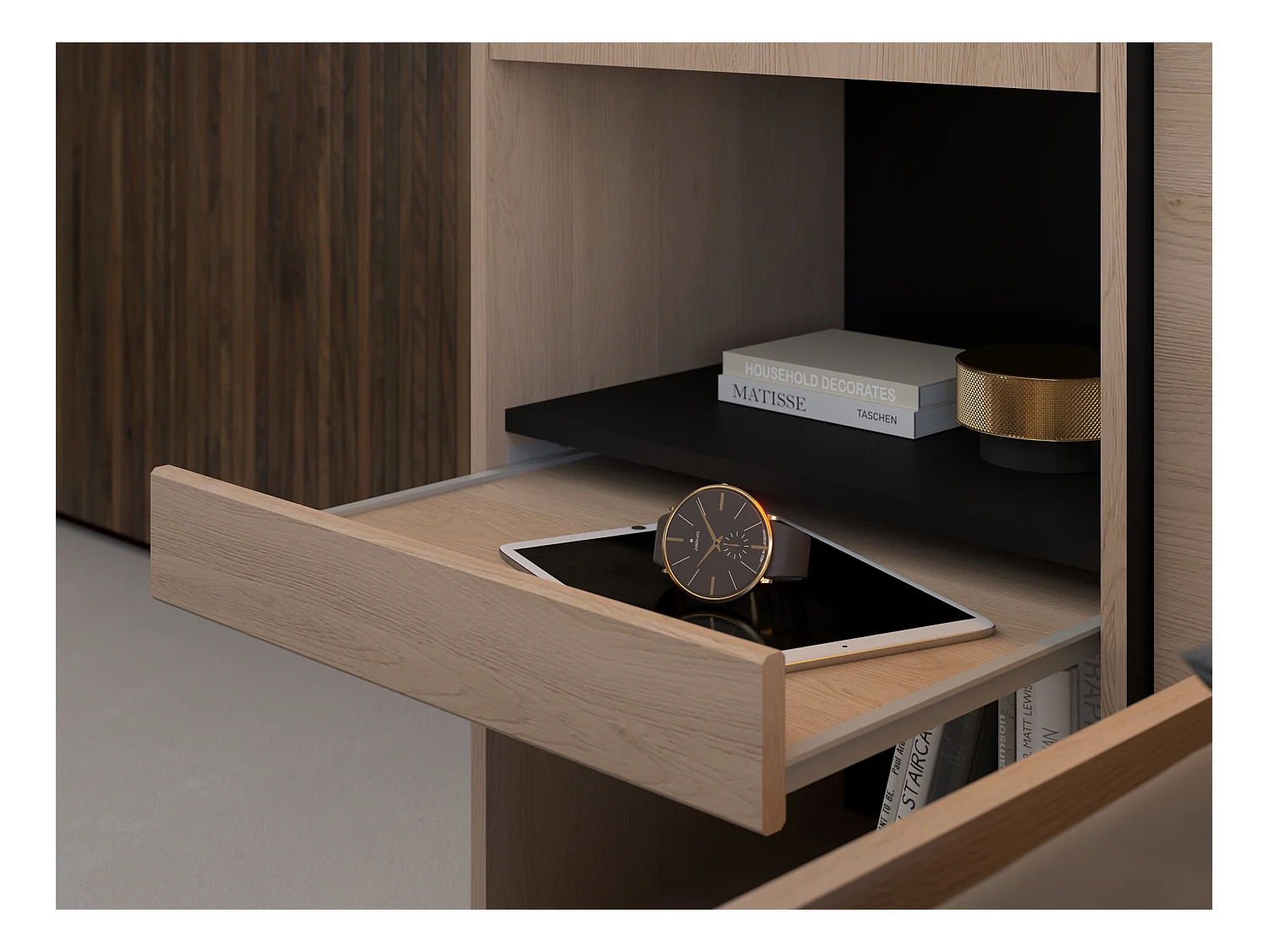 Letto con vani portaoggetti 140 x 190 cm Con LED Naturale e Nero + Rete + Materasso - VELONA