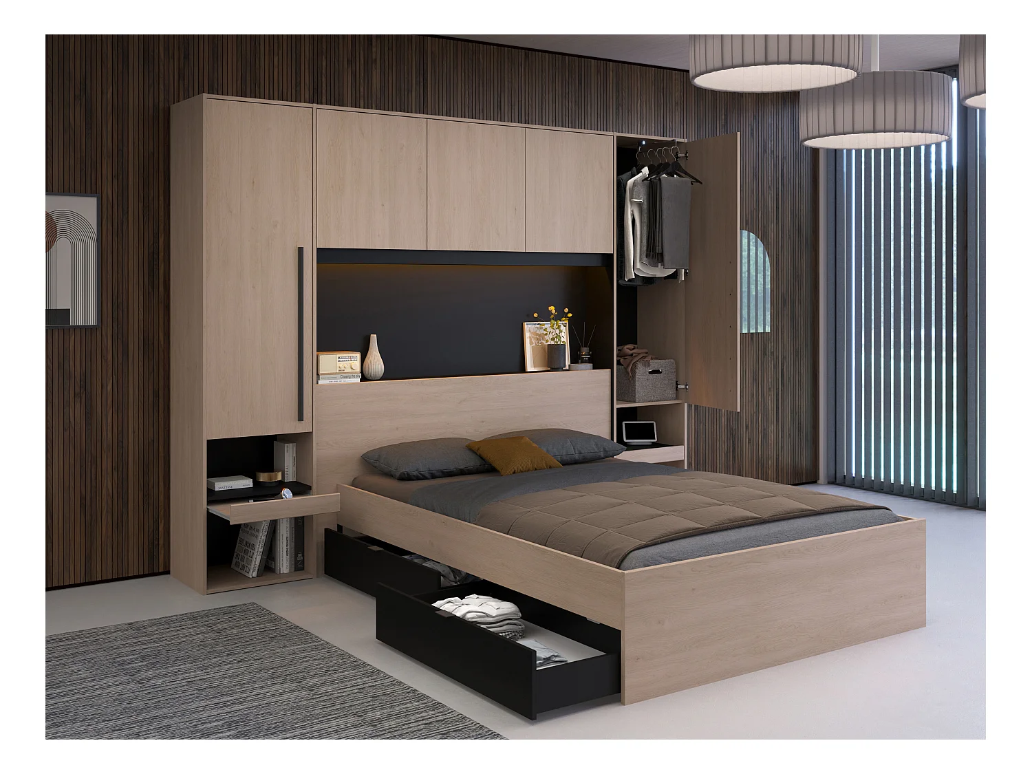 Letto con vani portaoggetti 140 x 190 cm Con LED Naturale e Nero + Rete + Materasso - VELONA