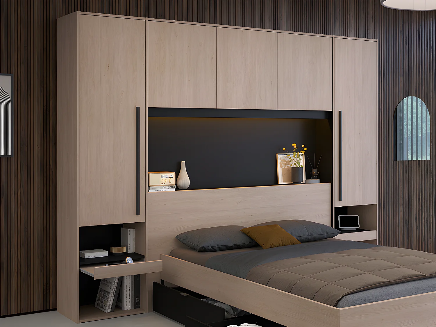 Cama com espaços de arrumação 140 x 190 cm com LEDs cor natural e preto + sommier + colchão - VELONA