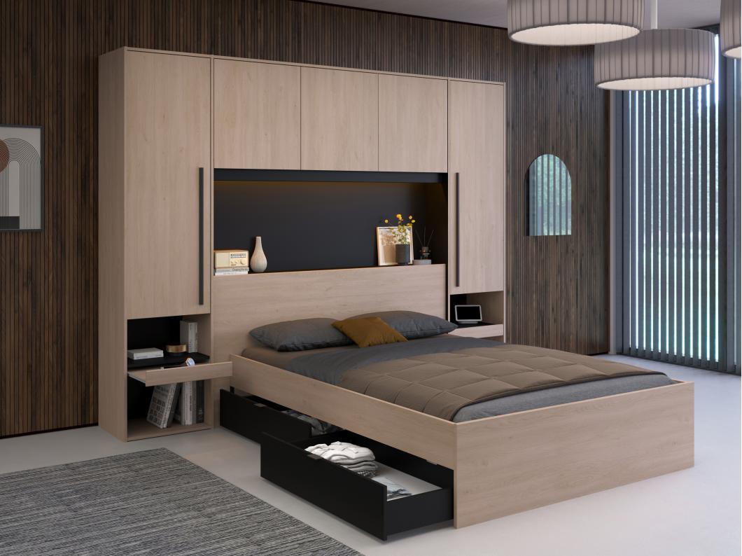Lit pont 140 x 190 cm avec rangements - Avec LEDs - Coloris : Naturel et noir + Sommier + Matelas - VELONA