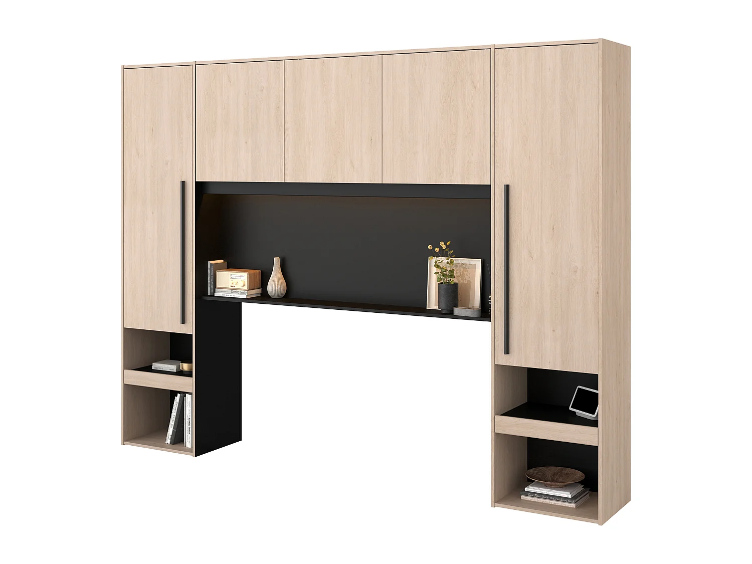 Lit pont 160 x 200 cm avec rangements - Avec LEDs - Coloris : Naturel et noir + Sommier + Matelas - VELONA