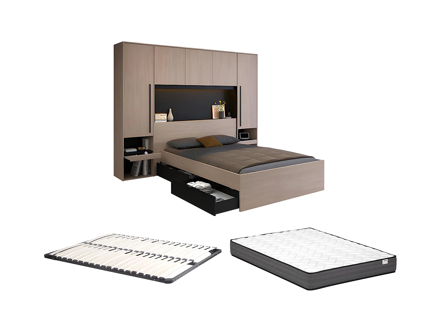 Lit pont 160 x 200 cm avec rangements - Avec LEDs - Coloris : Naturel et noir + Sommier + Matelas - VELONA